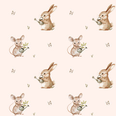 Bunny and mouse with watering cans. Watercolor vector seamless pattern - 788751017