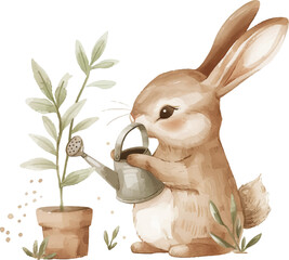 Bunny watering the plant. Watercolor vector illustration - 788751036