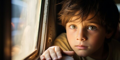 A lonely sad boy looks through the window of a moving train. Homeless orphan. Generative AI. - obrazy, fototapety, plakaty