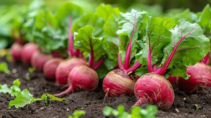   A tight shot of radishes with their green leaves emerging from the earth - obrazy, fototapety, plakaty