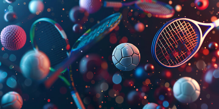 Colorful sports balls, rackets and ball suits on a dark background-AI generated image 