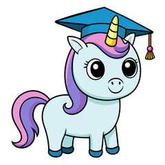 A cute cartoon unicorn is wearing a graduation cap and smiling.