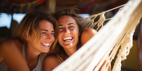 Fototapeta na wymiar Happy lesbian couple in a hammock. Girls relax in nature, laugh with happiness. Generative AI.