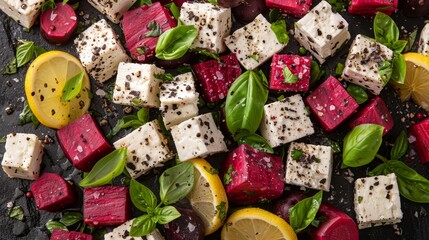  tofu, beets, sliced lemons, and fresh spinach