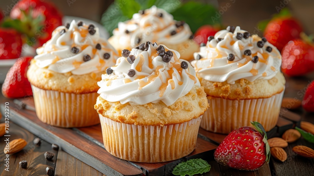 Poster   Three cupcakes, each topped with white frosting and chocolate chips, sit prominently on a cutting board In the background, vibrant red strawberries add a delightful