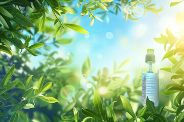 Inhaler releasing medication amidst lush greenery. World Asthma Day - obrazy, fototapety, plakaty