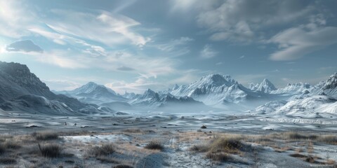 Panoramic view of snow mountains range landscape. Generative AI.