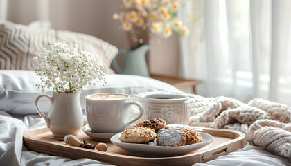 Cozy morning breakfast in bed on a tray
