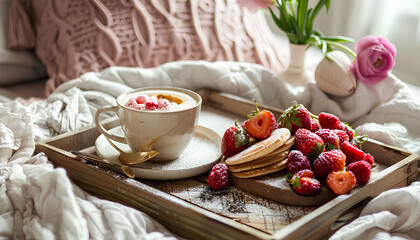 Fototapeta na wymiar Cozy morning breakfast in bed on a tray