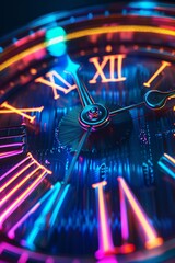 Fototapeta na wymiar Close up of a luxury wrist watch with colorful neon lights. Time concept.