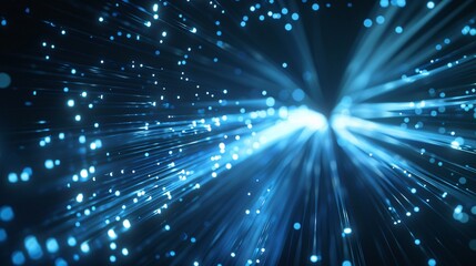 Digital Blue Light Fibers Accelerating. Dynamic blue optical fibers emitting light, representing high-speed data transfer and connectivity. - obrazy, fototapety, plakaty