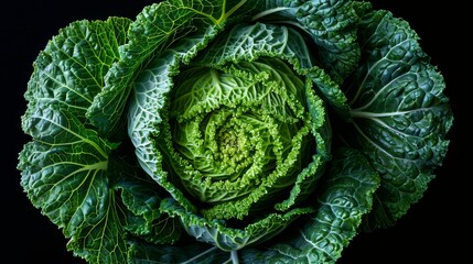 Fototapeta premium Close-up of a head of lettuce against a black backdrop, featuring clipped green leaves