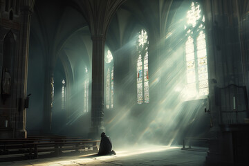 A captivating image of a solitary figure kneeling in prayer inside a church, bathed in the soft, ethereal light that filters through the windows, creating a dreamy, sacred atmosphe