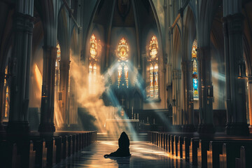 A captivating image of a solitary figure kneeling in prayer inside a church, bathed in the soft, ethereal light that filters through the windows, creating a dreamy, sacred atmosphe