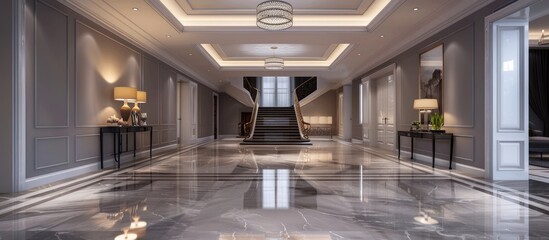 The interior design of a large hallway features gray walls, ceiling lamps casting warm light, a clean marble floor, and a staircase with a railing leading to the upper floor. - obrazy, fototapety, plakaty
