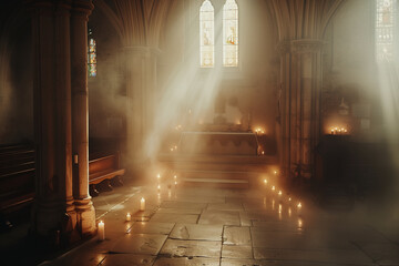 A tranquil photograph capturing the hushed reverence of a church interior, with candles flickering and shadows dancing in the soft, dreamy light, creating a sacred atmosphere of so