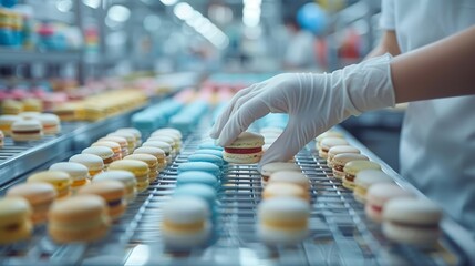   A person in white gloves places a doughnut on a conveyor belt, surrounded by other doughnuts moving along the belt in a doughnut factory