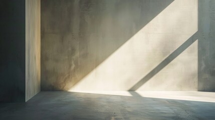 Empty room with concrete walls, sunlight casting diagonal shadow, minimalist interior, industrial design, bare floor, natural lighting, simple and clean space, architectural details