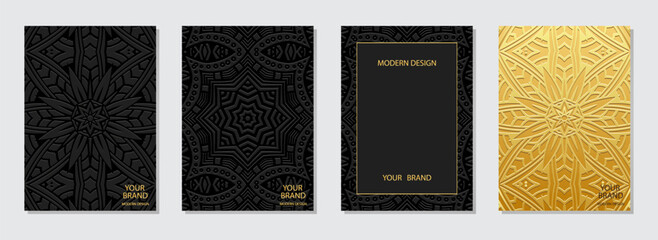 Set of vintage covers, vertical templates. A collection of relief, geometric backgrounds with ethnic 3D patterns, with handmade ornaments. Boho motifs of the East, Asia, India, Mexico, Aztec, Peru.