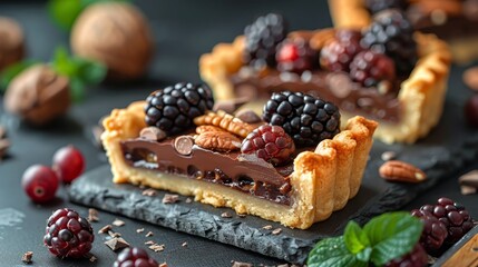   A chocolate tart topped with nuts and blackberries graces a slate platter, surrounded by an assortment of desserts - obrazy, fototapety, plakaty