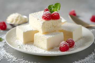Soft vanilla soufflé cubes with raspberries on top. Fresh raspberry topped vanilla soufflé,...