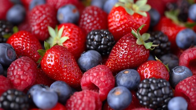 a close up of strawberries , raspberries , blueberries and blackberries