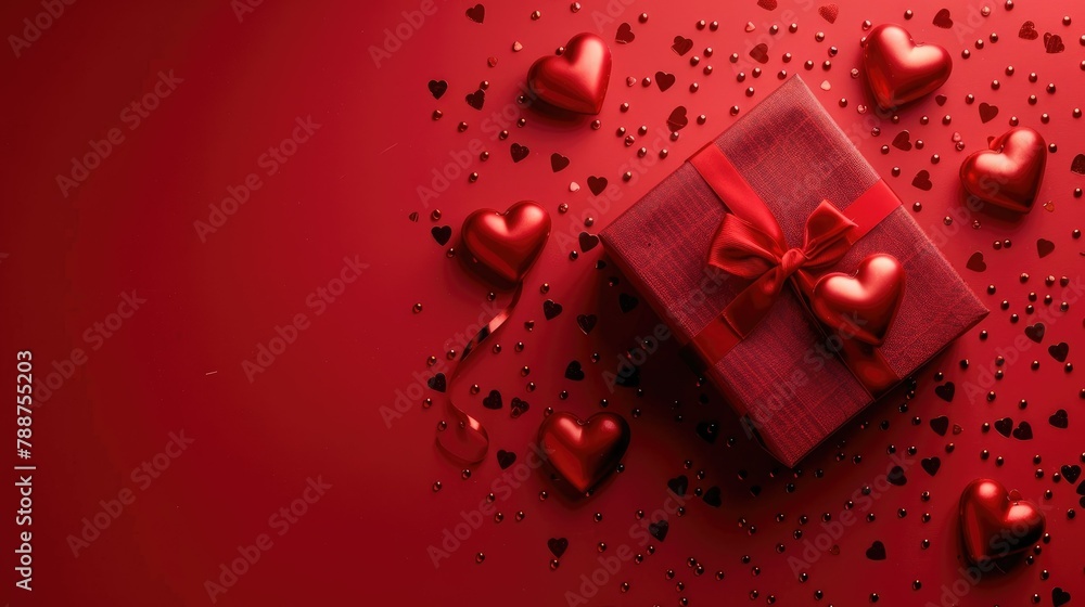 Poster a stunning gift box adorned with hearts placed artfully on a vibrant red backdrop set up in a flat l