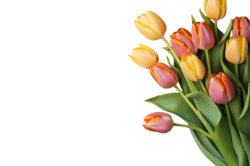 Colorful tulips flowers isolated on transparent background, Top view flat lay. Valentine's, womens, mothers day, birthday or wedding concept. PNG, cutout.