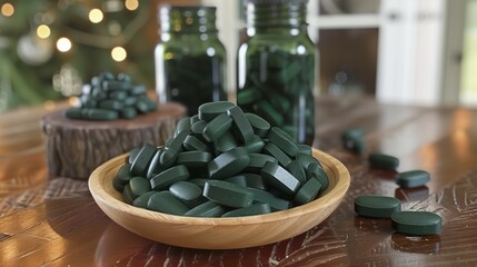Wooden tableware holding green pills, creating a natural and rustic display