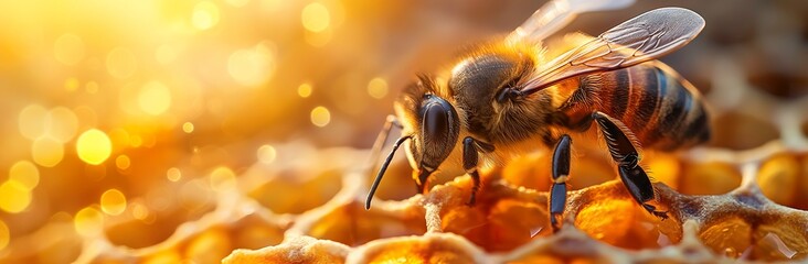Bee on honeycomb, sunlight filters through, golden masterpiece of nature, macro perfection for...