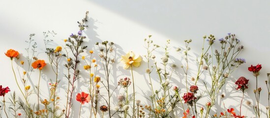 Wild flowers that have been pressed and are set against a white backdrop