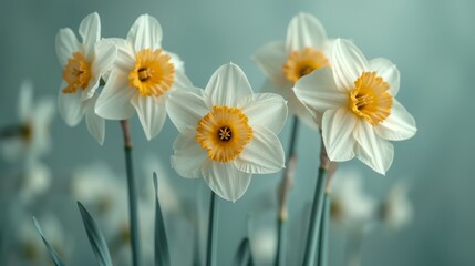   A collection of white and yellow daffodils against a backdrop of blue and green, featuring lengthy stems in the foreground