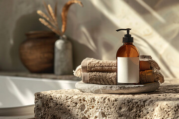 Amber glass pump bottle mockup with blank label on a stone counter. Modern minimalistic bathroom interior, nature-inspired aesthetics