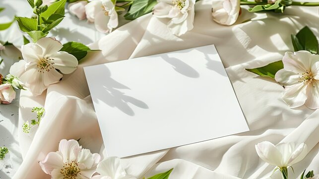 Capture the charm of spring with this stationery mockup featuring a square card adorned with flowers beautifully captured in a flat lay shot Perfect for a spring wedding invitation or a fes