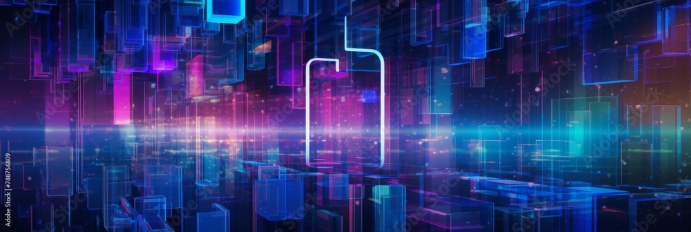 Poster futuristic digital landscape with neon geometric shapes. virtual reality with glowing abstract cubes