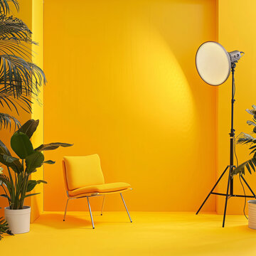 Yellow studio. Yellow interior with a chair and a round mirror. Empty yellow background. Empty interrior,