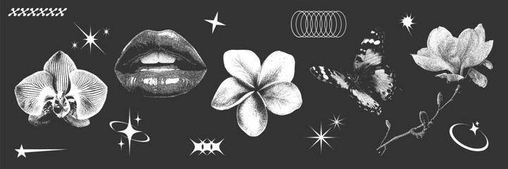 Retro futuristic photocopy elements set. Contemporary vector stickers design, woman lips, various flowers and butterfly. Vintage negative halftone effect, trendy y2k aesthetic. - obrazy, fototapety, plakaty