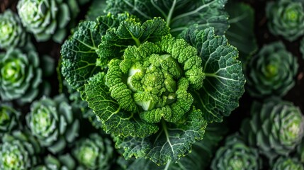   A tight shot of a solitary broccoli head amidst a throng of its kin