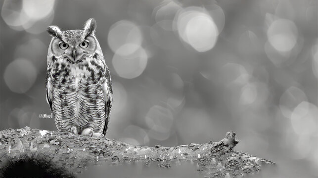   A black-and-white image of an owl perched on a branch against a softly blurred backdrop of bright light