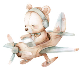 Cartoon bear flying on an airplane, watercolor illustration - obrazy, fototapety, plakaty