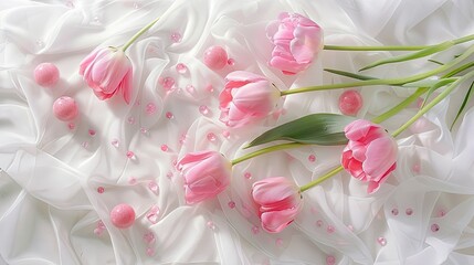 Pink tulips are gracefully sprawled across a pristine white canvas accompanied by delicate pink orbs