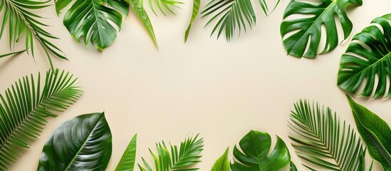 A layout featuring creative tropical green leaves with space for text. Represents the concept of spring in nature. Displayed in a flat lay style.