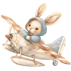 Cartoon bunny flying on an airplane, watercolor illustration - obrazy, fototapety, plakaty