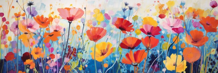 Colorful Field of Flowers in Abstract Artwork. Poppy Blooms in Abstract Impressionist Flower Painting. Generative AI - obrazy, fototapety, plakaty