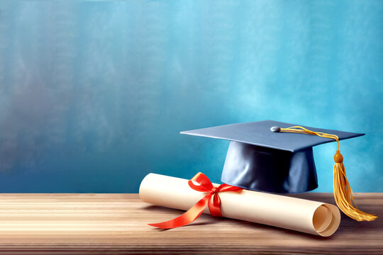 Graduationshut und Zeugnis vor blauen Hintergrund 