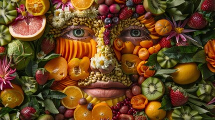 A face made of fruit and vegetables arranged in a mosaic, AI