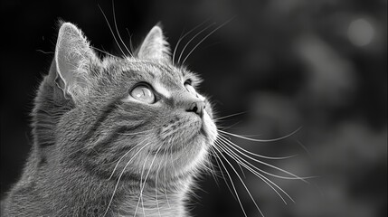   A black-and-white image of a cat gazing upwards, its wide-open eyes fixed on something in the sky