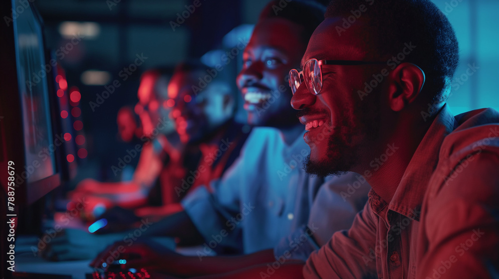 Poster a team of software developers in a tech lab, laughing over a breakthrough discovery on a computer sc