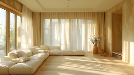 Sunny Minimalist Lounge with White Couch and Serene Ambiance. Concept Sunny Lounge, Minimalist Decor, White Couch, Serene Ambiance