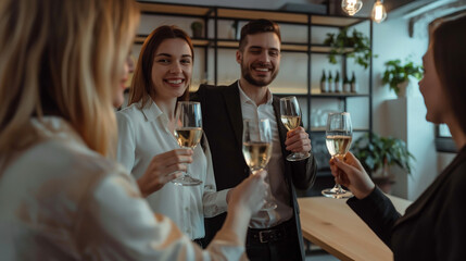 Entrepreneurs standing in a loft office, clinking glasses of champagne to celebrate a successful partnership, their smiles radiating excitement and camaraderie.